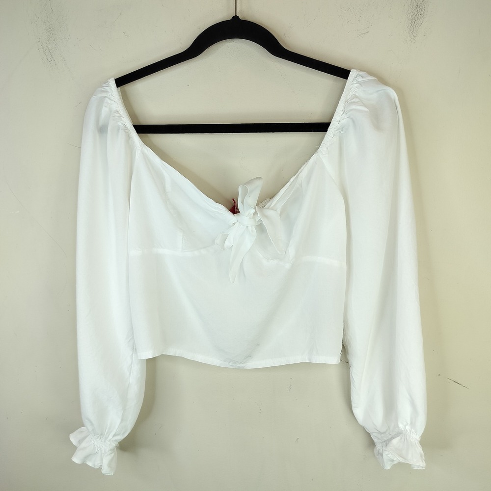 Guess‎ Tie Front Crop Top Womens Medium Smocked Back Ruffle Cuff Boho White